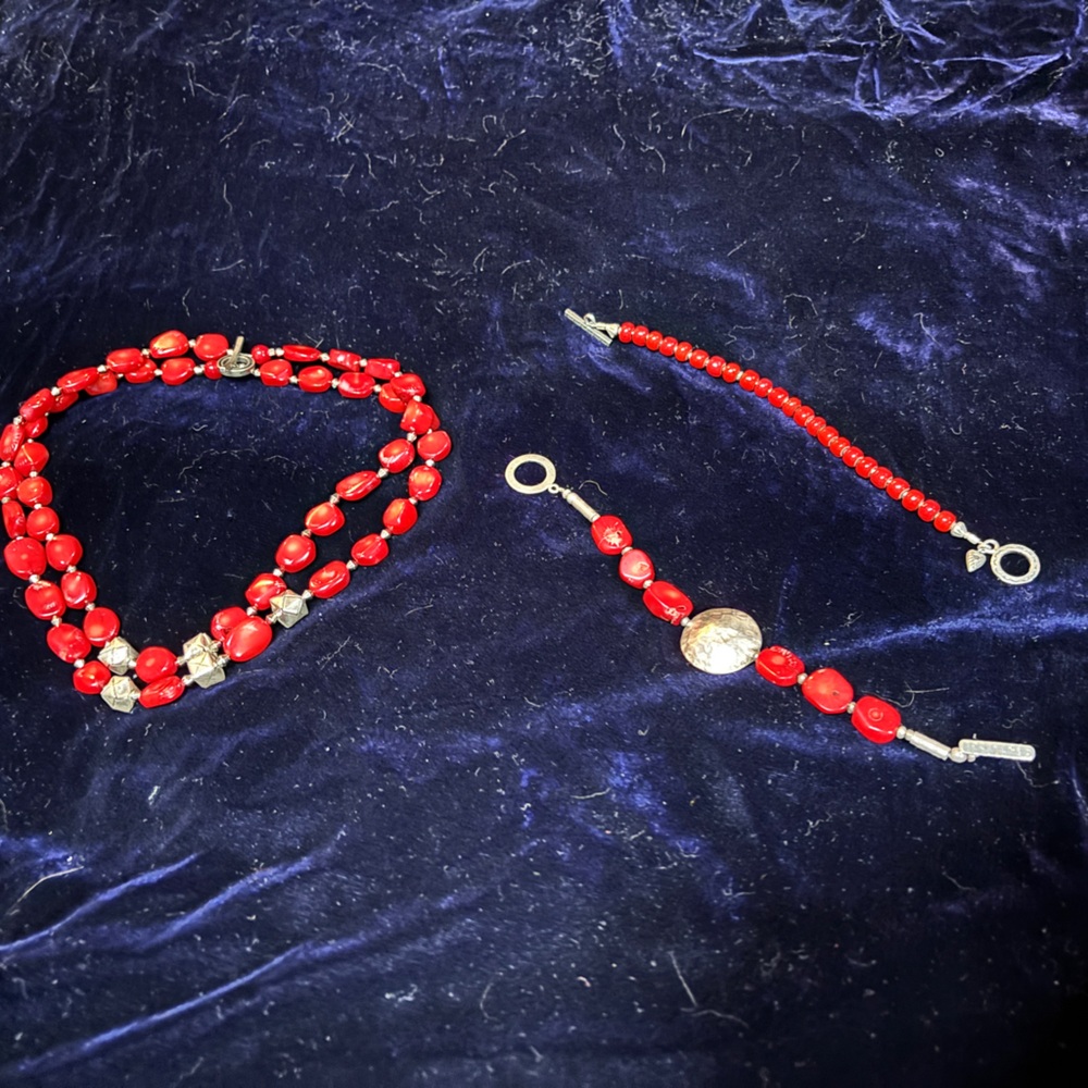Handmade one of a kind Sterling silver and red stone necklace and bracelet set